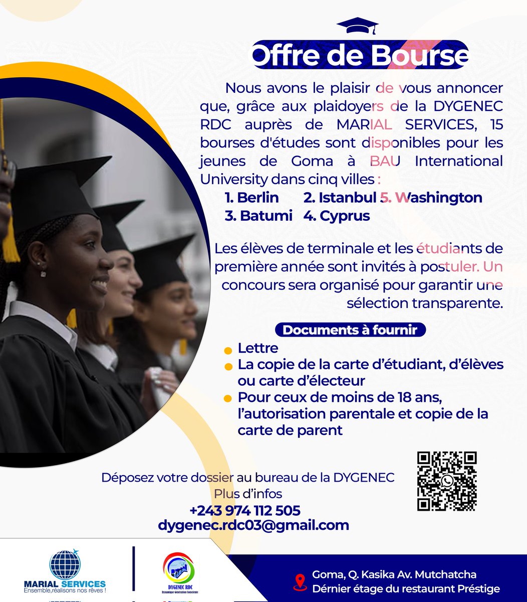 InnomahChe's tweet image. APPEL À CANDIDATURES: BOURSES D'ÉTUDES
Grâce aux plaidoyers de la DYGENEC-RDC, 15 bourses d'études seront octroyées aux jeunes élèves et étudiants de Goma 

 Du 29 juin au 04 juillet 2024 , vous êtes élève finaliste, ou étudiant de la première année de licence.
#CELLCOM #DYGENEC.
