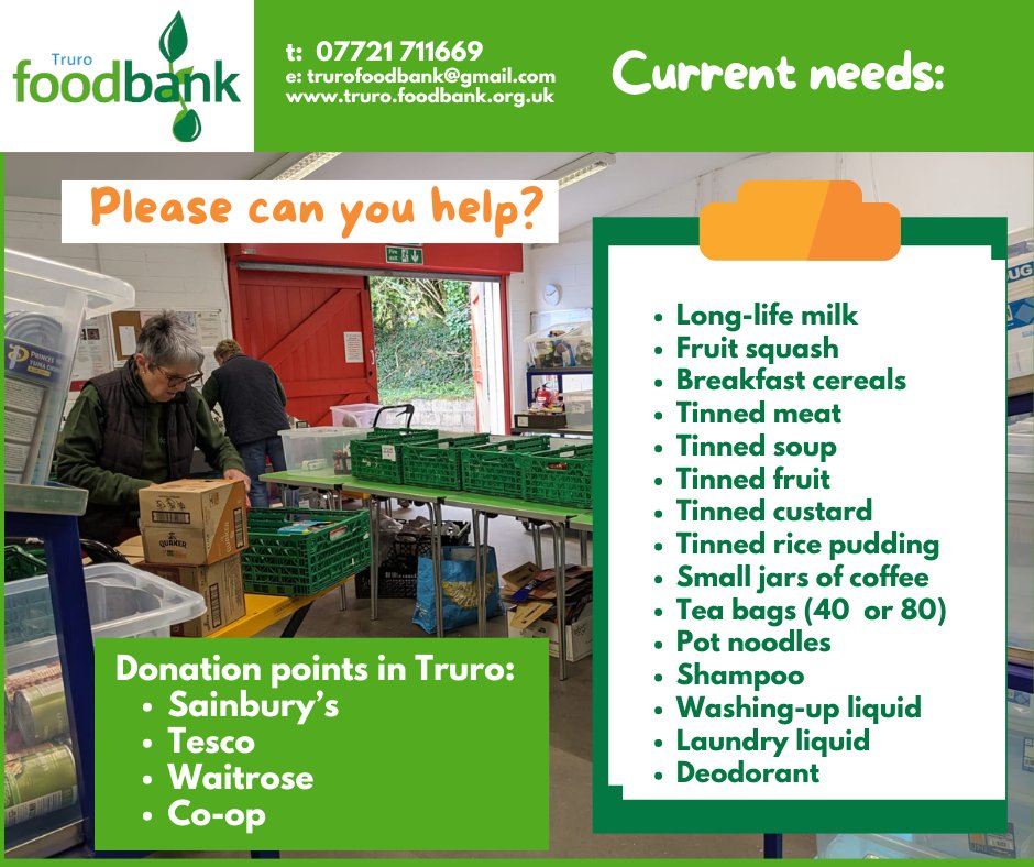 Since the beginning of this year food donations are not meeting demand. So, if you're able, please can you help by donating an item or two if you're shopping in Truro. There are donation bins in Sainsbury's, Tesco, Co-op &amp; Waitrose.
Thanks so much.
#generosity #communitymatters
