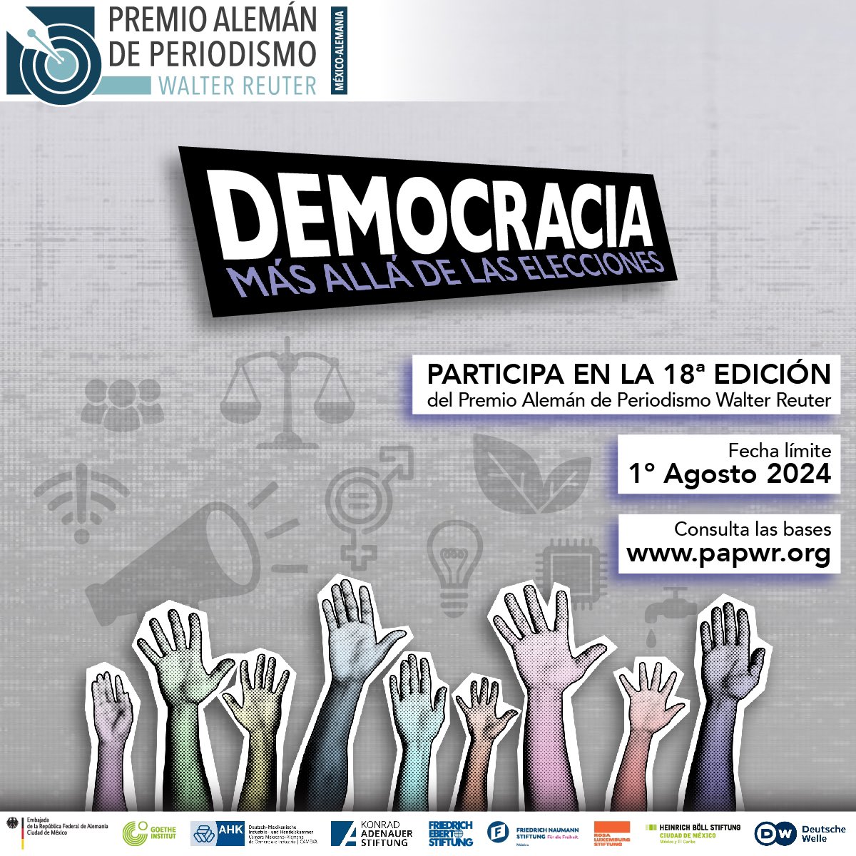 premioreutermx's tweet photo. 📢 ¡Participa en el Premio Alemán de Periodismo Walter Reuter 2024! #PAPWR2024
“Democracia: Más allá de las elecciones”
📋 Inscribe tu trabajo de:
Prensa Escrita
Radio, Televisión y Multimedia
Fotografía y Caricatura
🔗 Consulta las bases aquí: https://t.co/JdjmreUdnQ https://t.co/6jN2o6Z6Ip