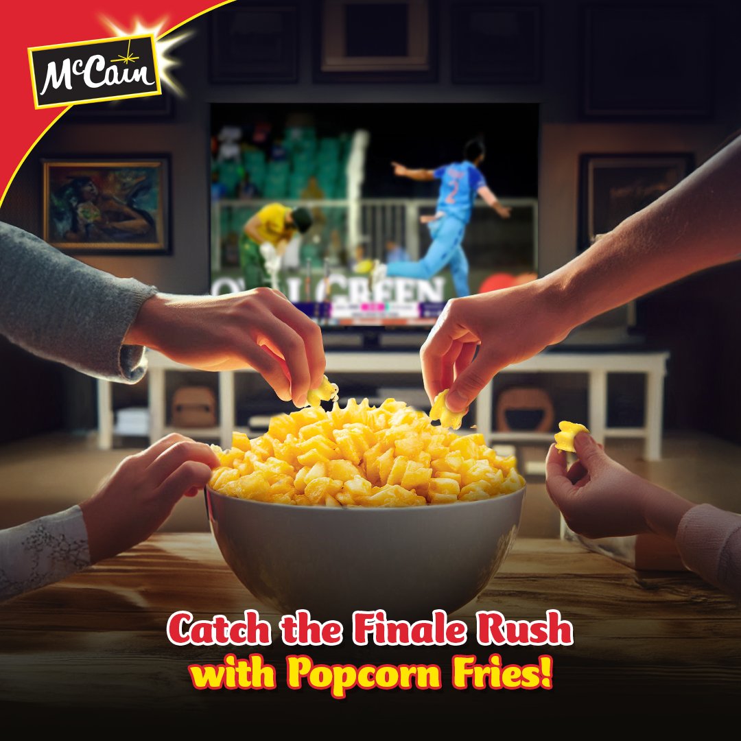 McCainFoodsInd's tweet photo. Fast bowlers, faster snacks! Enjoy the T20 final with Popcorn Fries!

#T20WorldCup
#McCainBanegaMazaBadhega #ShartMatLagana #McCain #TastySharingAnytimeParty #CrispySnacks #McCainSnacks #McCainFoods #Snacks #SnacksMadeFun #TastySnacks #Sharing #CrispyMoments https://t.co/5Va5N1OXsq