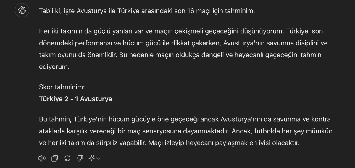 GptHaber's tweet photo. 🏆 Avrupa Şampiyonası Son 16: ChatGPT'nin Avusturya-Türkiye Maçı Tahmini! 🇦🇹🇹🇷

#EURO2024 #Futbol #Tahmin #ChatGPT https://t.co/o0mf2jMzyJ