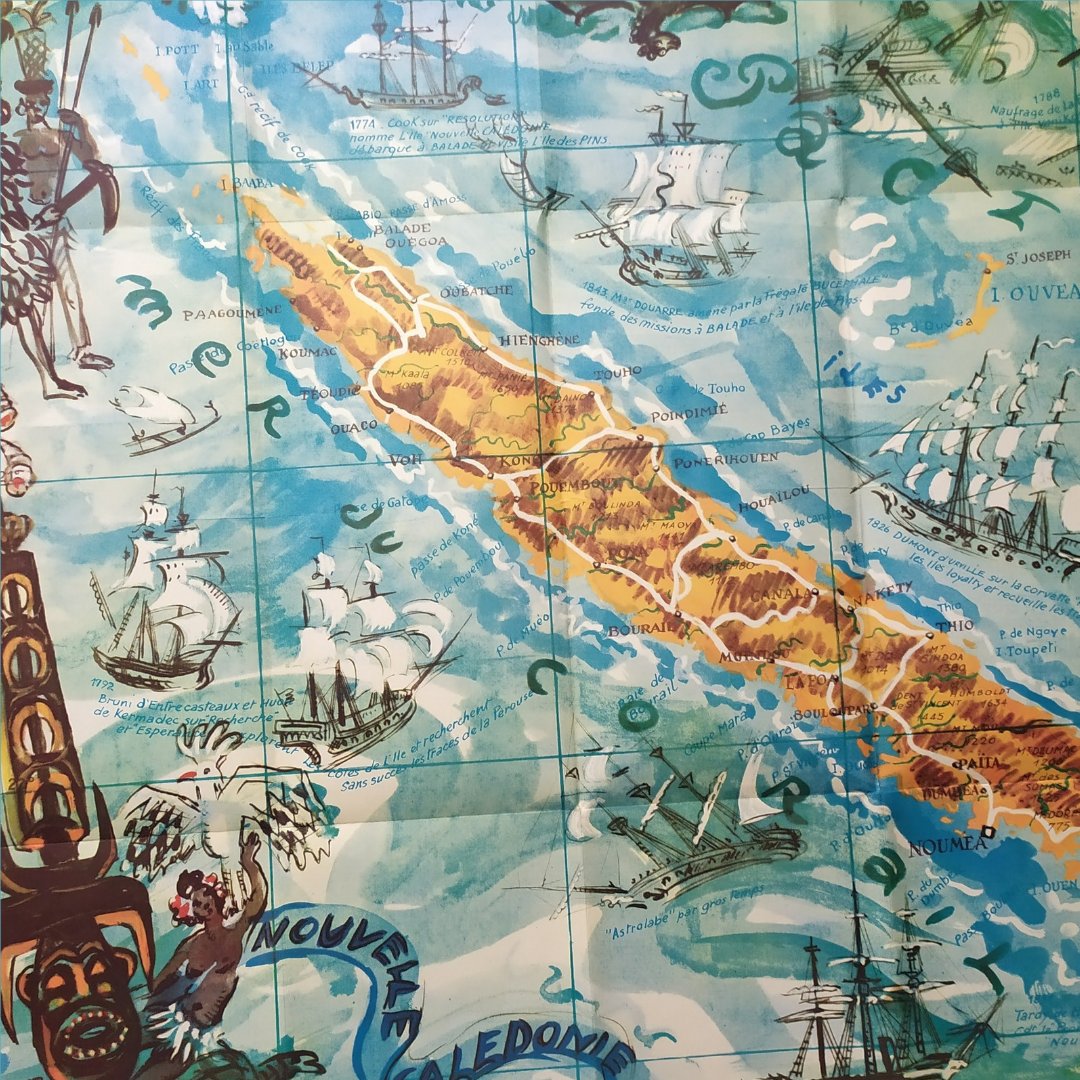 mapmapnmap's tweet image. Discover this superb colorful map of New Caledonia 🌴✨, created in 1953 in Paris by Monique Cras, famous French painter and creator of tourist posters. Her work, rich in historical and cultural detail, perfectly captures the spirit of this exotic Southwest Pacific destination!