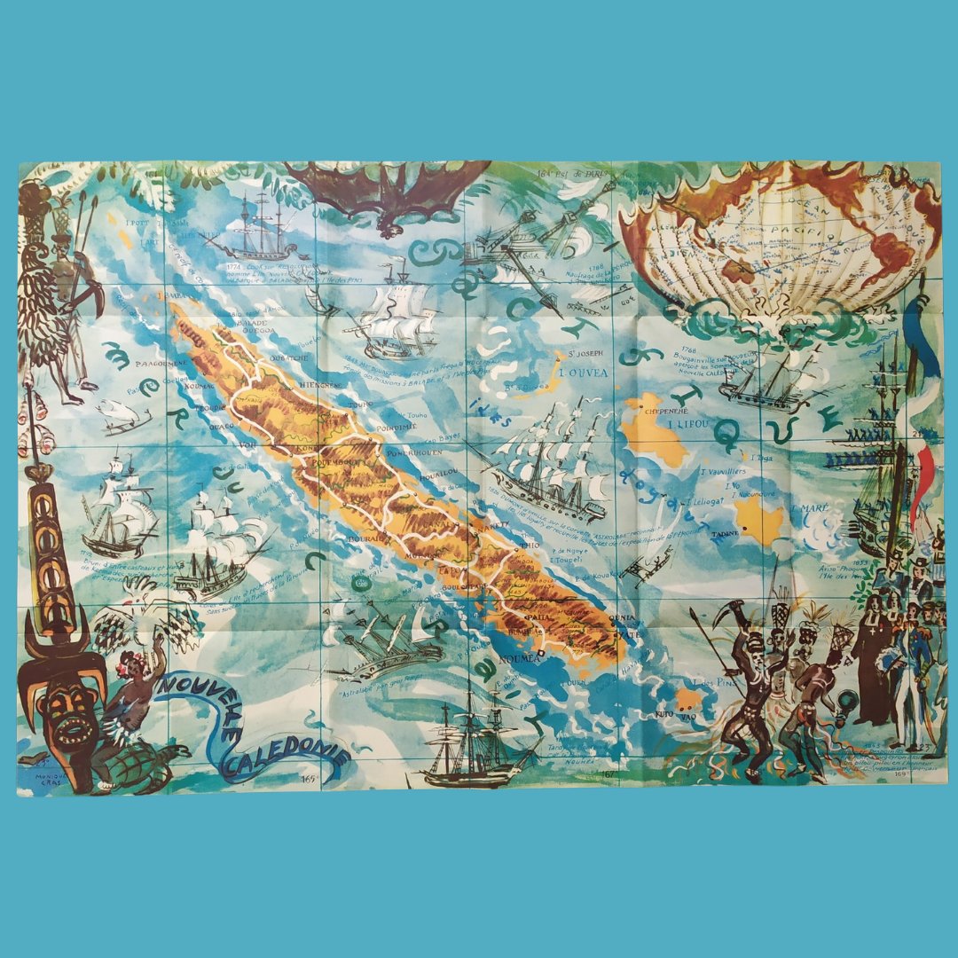 mapmapnmap's tweet image. Discover this superb colorful map of New Caledonia 🌴✨, created in 1953 in Paris by Monique Cras, famous French painter and creator of tourist posters. Her work, rich in historical and cultural detail, perfectly captures the spirit of this exotic Southwest Pacific destination!