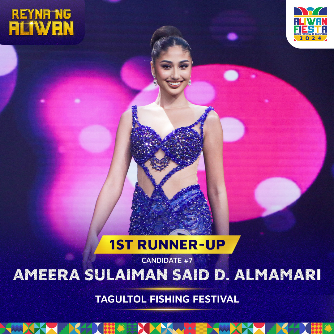 aliwanfiesta's tweet photo. Congratulations to the beautiful 1st runner-up, Candidate #7 Ammera Sulaiman Said Almamari of Tagultol Fishing Festival of Atimonan, Quezon

#AliwanFiesta #AliwanFiesta2024 https://t.co/OyJQP1jMHR