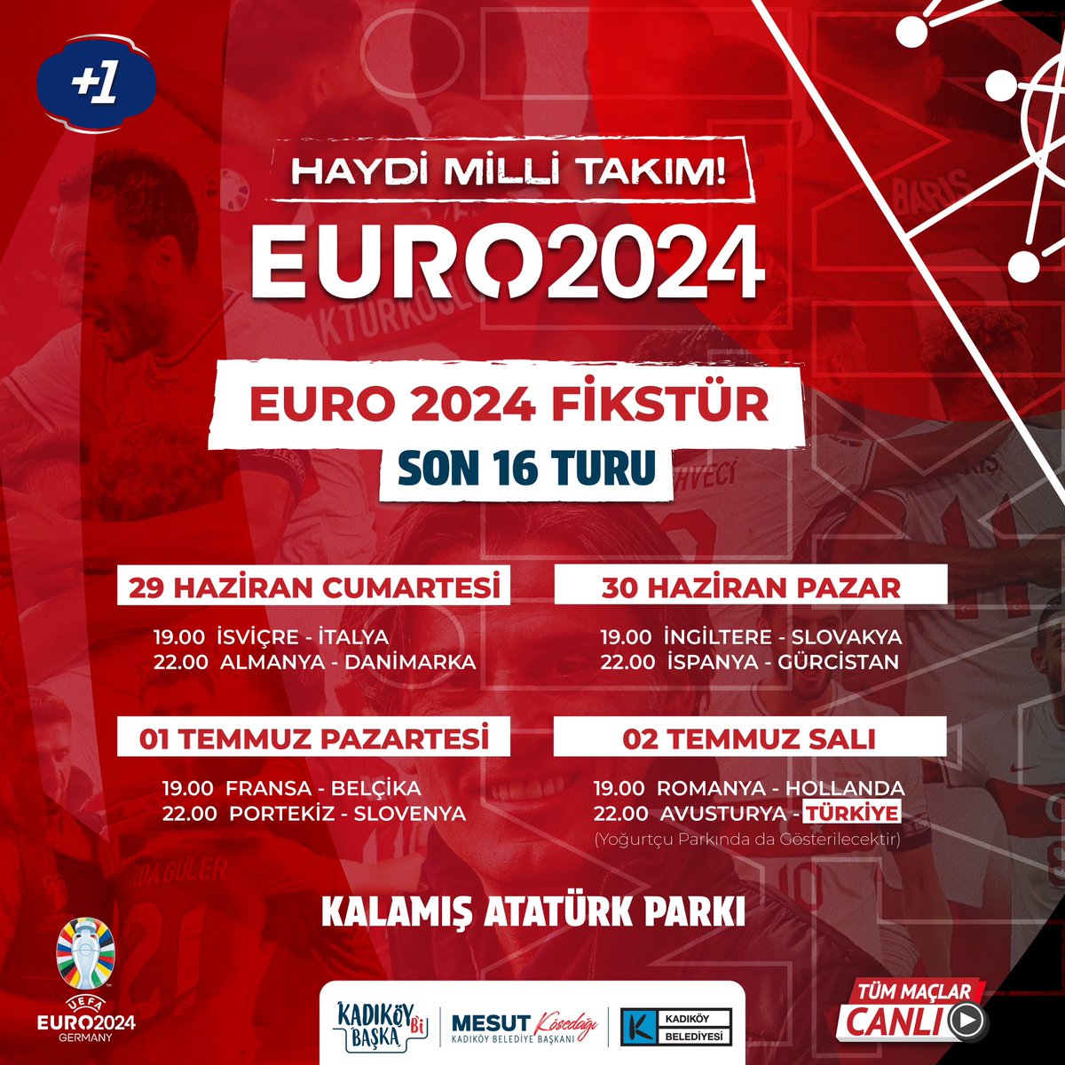 #EURO2024 heyecanı Kalamış’ta devam ediyor 🚀

A Milli Takımızın da mücadele edeceği Son 16 Turu maçlarını Kalamış Atatürk Parkı’nda futbol tutkunlarıyla birlikte izliyoruz. 🙌🏻

📌2 Temmuz’da Avusturya-Türkiye maçı için Yoğurtçu Parkı’nda da gösterim gerçekleştirilecek.