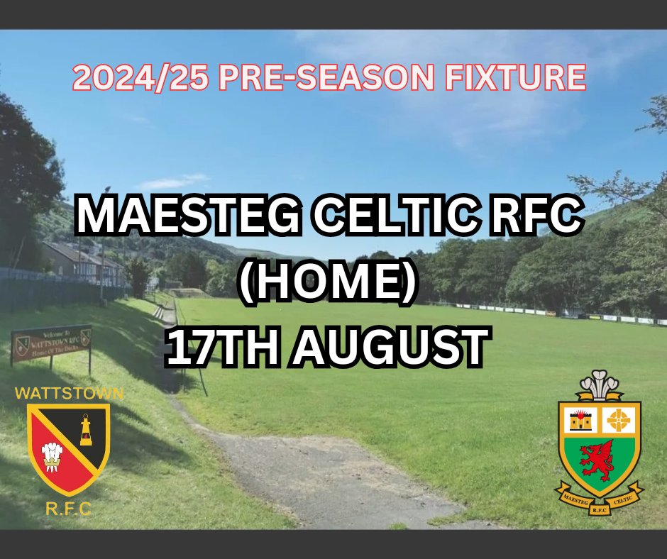 WATTSTOWNRFC's tweet image. 📣IMPORTANT NOTICE📣

PRE SEASON FIXTURES AHEAD OF THE 2024-2025 SEASON

#COTT 🔴⚫🏉

@RhydyfelinRFC @MAESTEGCELTIC
@Gilfa