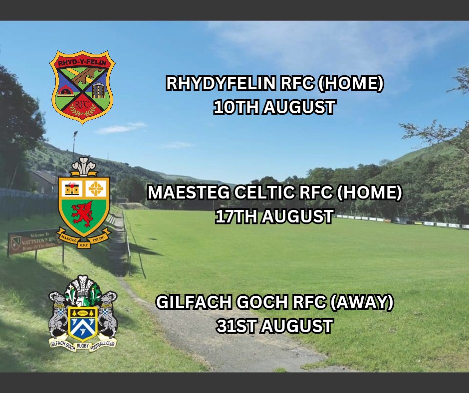 WATTSTOWNRFC's tweet image. 📣IMPORTANT NOTICE📣

PRE SEASON FIXTURES AHEAD OF THE 2024-2025 SEASON

#COTT 🔴⚫🏉

@RhydyfelinRFC @MAESTEGCELTIC
@Gilfa