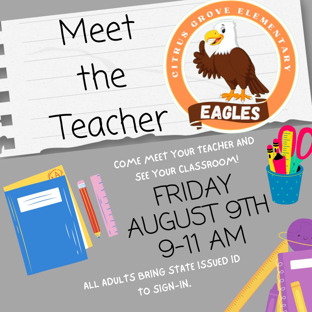 Citrus Grove Elementary, Deland FL (@citrusgrove_vcs) on Twitter photo Save the date <a href="/CitrusGrove_VCS/">Citrus Grove Elementary, Deland FL</a> <a href="/volusiaschools/">Volusia County Schools</a> for
🍊Meet the Teacher 🍊 1st - 5th 🍊
#VCSSuccess
#VCSTogether
#cgeeagles Save the date <a href="/CitrusGrove_VCS/">Citrus Grove Elementary, Deland FL</a> <a href="/volusiaschools/">Volusia County Schools</a> for
🍊Meet the Teacher 🍊 1st - 5th 🍊
#VCSSuccess
#VCSTogether
#cgeeagles