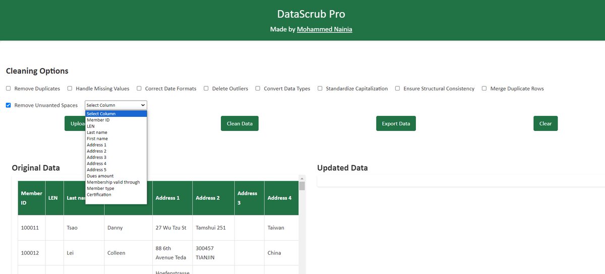 🔄DataScrub Pro update  🔄

ℹ️ Check out the new feature:

- Remove unwanted spaces based on columns with a simple click.

🔗 Try it out here 👉 mohammednainia.github.io/DataScrubPro/ 👈

 #DataManipulation #DataManagement #tech #innovation