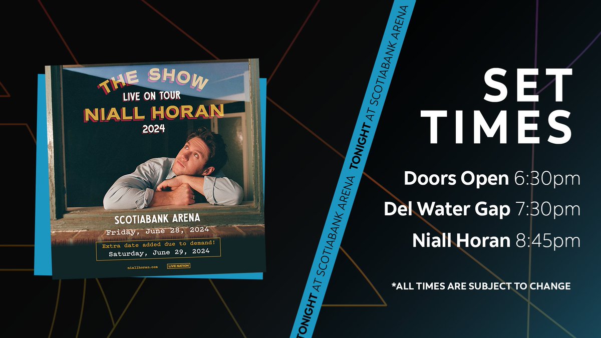 ScotiabankArena's tweet photo. 🚨 TONIGHT - NIGHT 2 🚨

🚪 DOORS - 6:30PM
🎵 DEL WATER GAP - 7:30PM
🎵 NIALL HORAN - 8:45PM

*All times are subject to change

💼 Bag Policy: https://t.co/mtRwoNoWEZ
💳 Scotiabank Arena is a cash-free venue that only accepts debit, credit &amp; contactless payments https://t.co/cfcKABYPfD