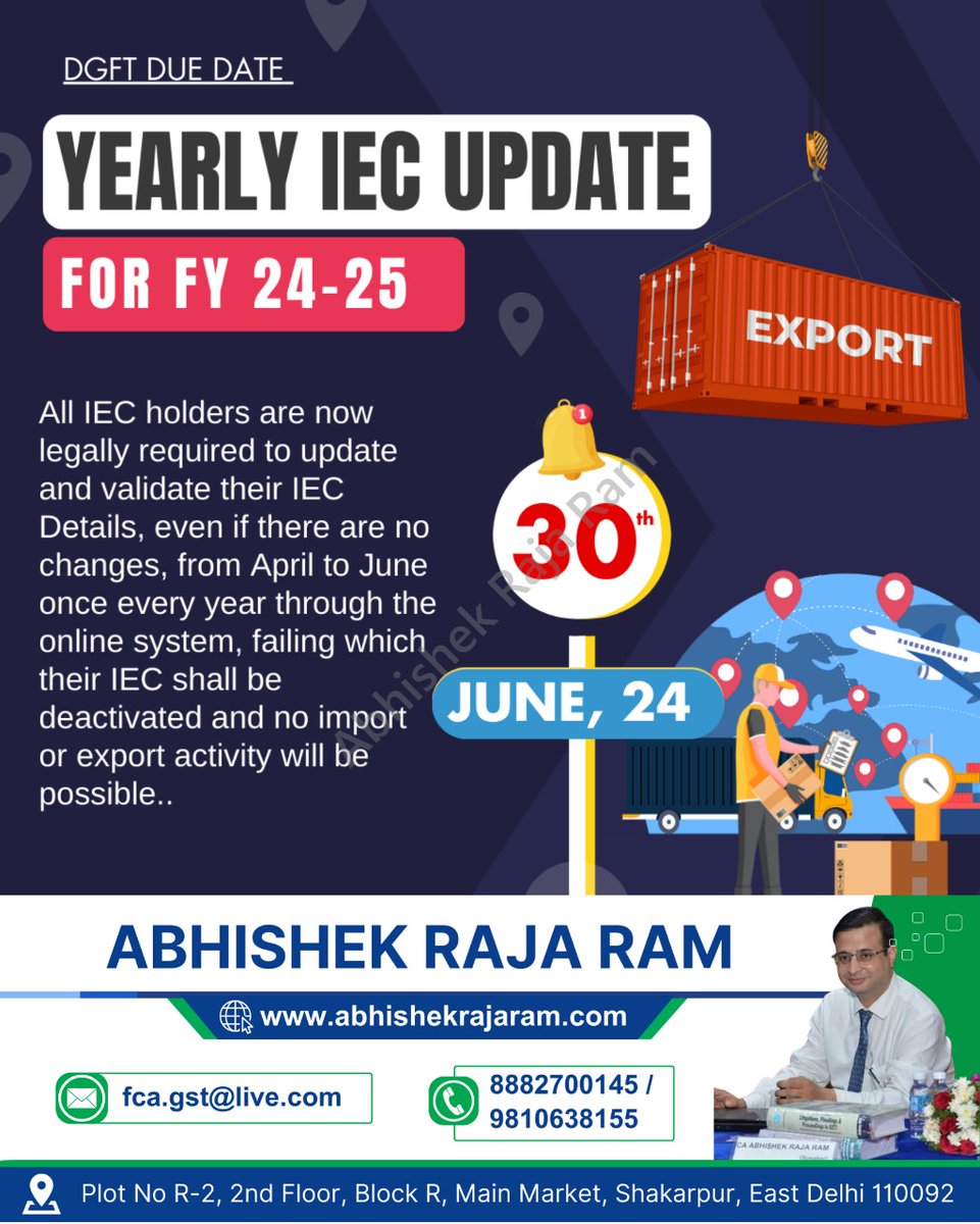 abhishekrajaram's tweet photo. DGFTDueDate
YEARLY IEC UPDATE
FOR FY 24-25

#DGFTDueDate #IECUpdate #ImportExport https://t.co/4hcc8sfrg7
