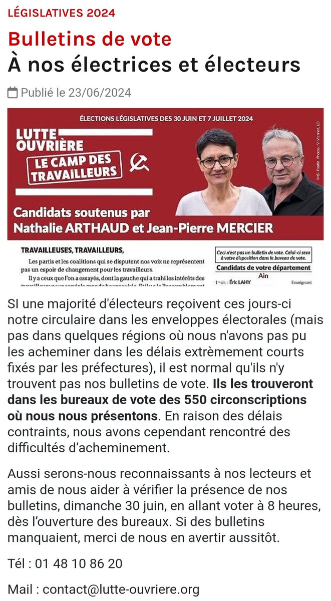 A propos des bulletins et circulaires <a href="/LutteOuvriere/">Lutte ouvrière</a>.
Surtout, si demain il n'y a pas de bulletin LO sur la table dans votre bureau de vote, appelez le téléphone indiqué pour le signaler afin qu'on puisse intervenir.
#legislatives2024 #ElectionsLegislatives2024 #Election2024
