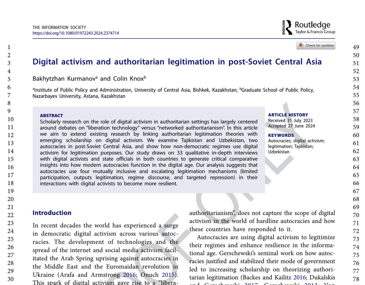 bakhyt_kurmanov's tweet photo. From my PhD at Nazarbayev University, one of the main results—a paper co-written with the brilliant Dr. Colin Knox—will soon be published! After nearly 2 years of writing and revising, we're excited to share our exploration of how autocracies engage with digital activism in CA. https://t.co/LHTCWOdsbm
