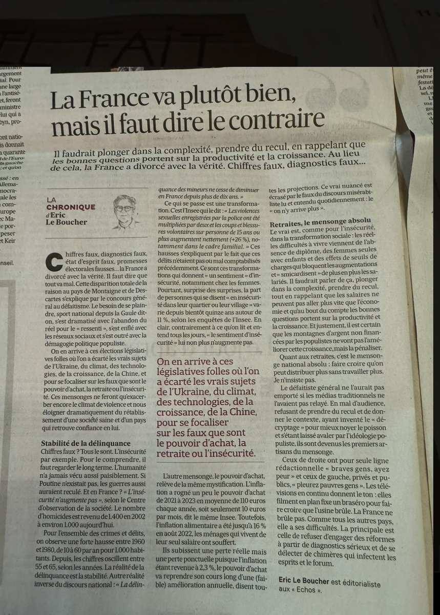 Nous nous sommes laissés envahir et intoxiquer par des discours au catastrophisme exacerbé,  au détriment de la vérité
 
Le pessimisme et le défaitisme sont helas toujours vendeurs 

Le prix de cet aveuglement sera lourd

Comme toujours dans les Echos, Eric le Boucher tres juste