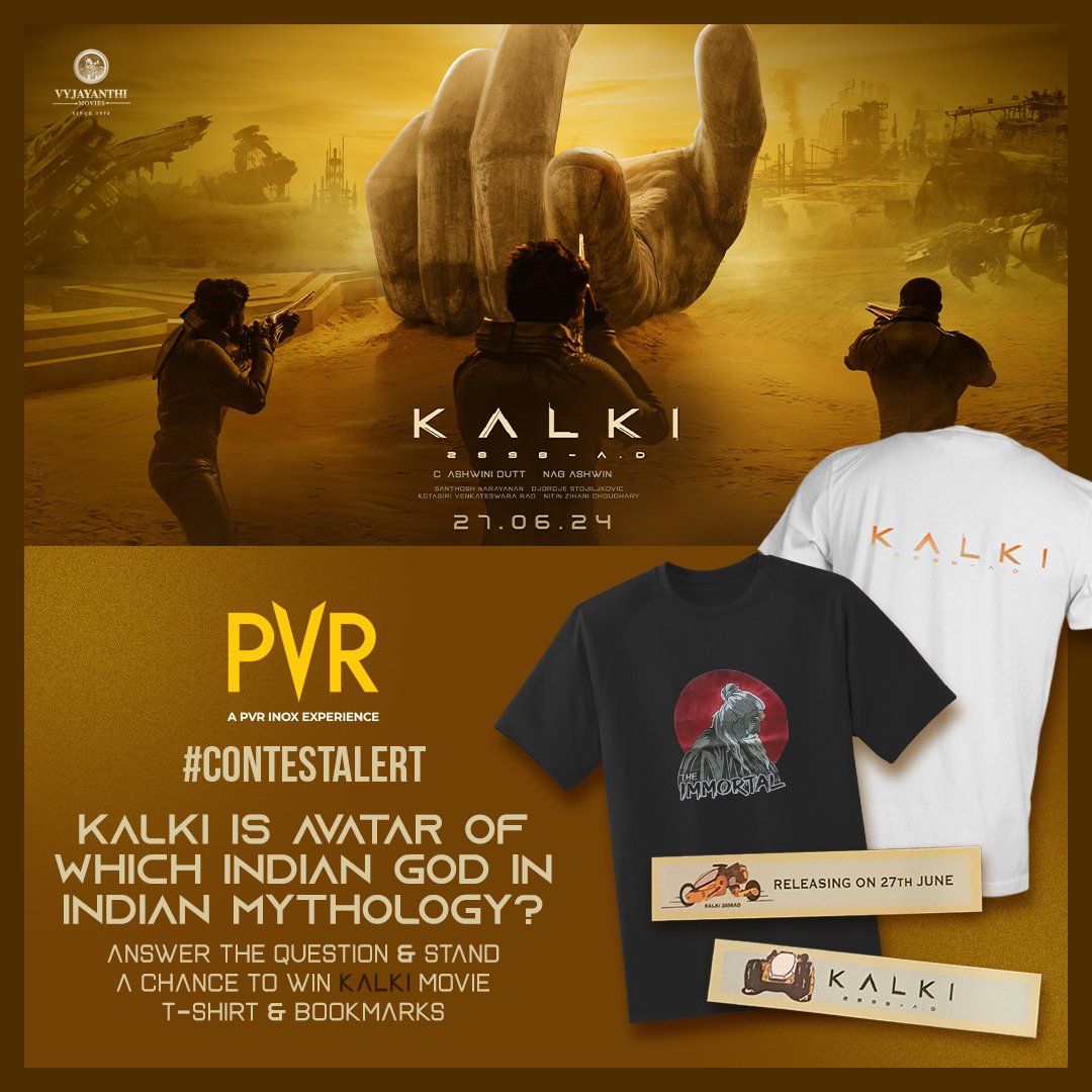 Get ready to step into the future with Kalki 2898 AD! Answer a simple question and stand a chance to win exclusive movie merchandise. 

Steps: 
1: Share your answer in the comments
2: Tag PVR CINEMAS and your friends
3: Tag #Kalki2898ADAtPVR contest &amp; follow us

Now screening at