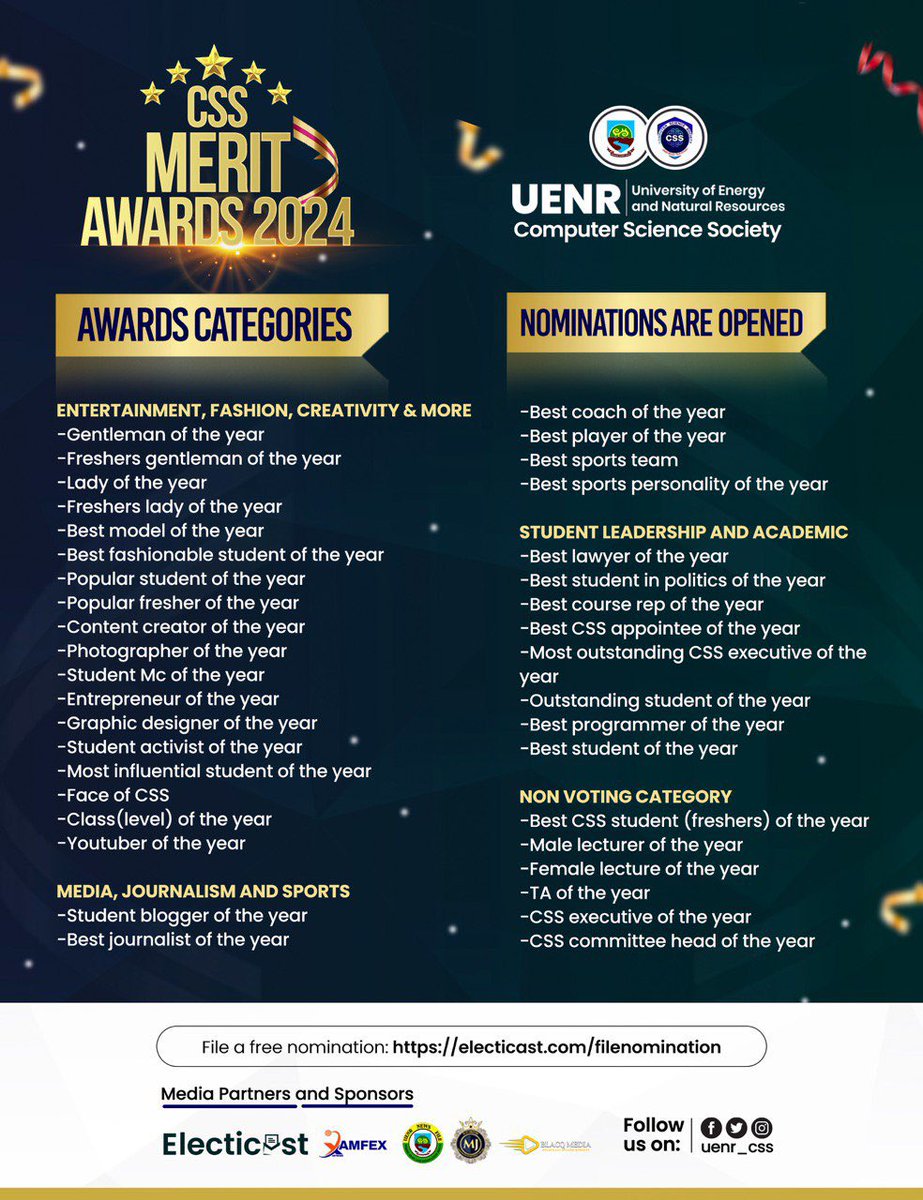 uenr_css's tweet image. NOMINATIONS ARE OPEN NOW FOR THE 1ST CSS MERIT AWARDS
══════════════

Nominations are FREE.

electicast.com/filenomination

#cssmeritawards
#cssuenr #Uenr #UenrIsHome #Uenrfreshers #trending #trend #trendingreels #trendingnow #ghanatrends