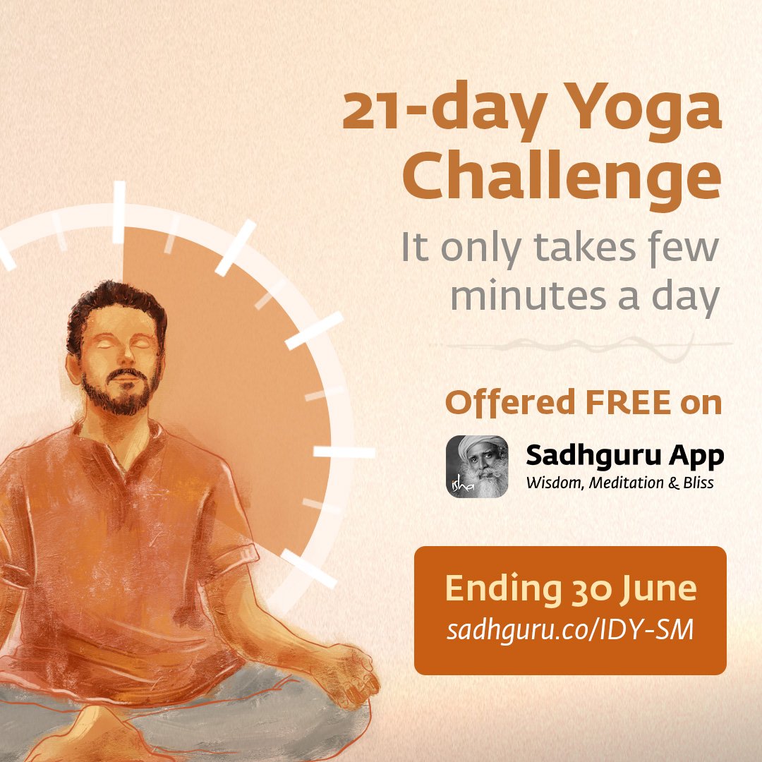 ishafoundation's tweet photo. Are you up for the challenge? Take up this 21-day commitment for your joy and mental health. Discover the transformative power of simple Yogic tools! 
Registrations open till 30 June.

https://t.co/Ka4kTYLOT4

#21dayIshaYogaChallenge https://t.co/KkiK1slo89