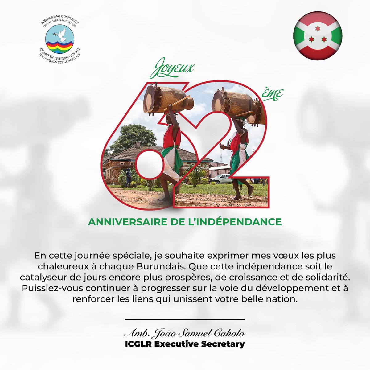🪩 En   cette journée spéciale, je souhaite exprimer mes vœux les plus chaleureux à chaque Burundais. Que cette indépendance soit le catalyseur de jours encore   plus prospères, de croissance et de solidarité. 
#IndependenceDay2024  
<a href="/NtareHouse/">Ntare Rushatsi House</a>
<a href="/MAEBurundi/">MAEIRCD</a>
<a href="/BNtahiraja/">Bernard Ntahiraja</a>