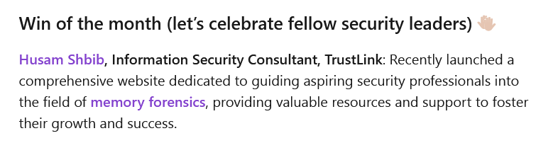 We are thrilled to share that Memory Forensic has been honored as the WIN of the MONTH solely🥇 in Hack The Box's "ThreatReady" newsletter!

Memory  Forensic is a collaborative blue-team platform designed to support  cybersecurity professionals 🕵‍, especially those in DFIR and