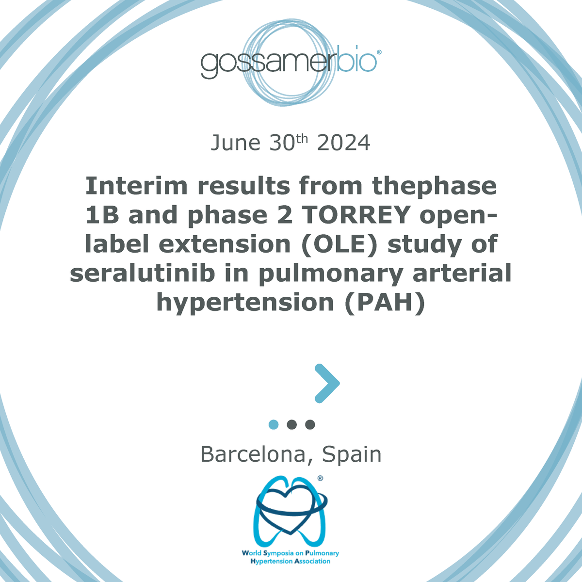 GossamerBio's tweet photo. Don't miss our 3 posters at the World Symposium on Pulmonary Hypertension (WSPH) 2024 this Sunday!
You can visit the posters all day. Swipe below to read the exciting work Gossamer Bio is presenting.
#WSPH2024 #PulmonaryArterialHypertension #PulmonaryHypertension #GossamerBio https://t.co/CVd1YBNdCe