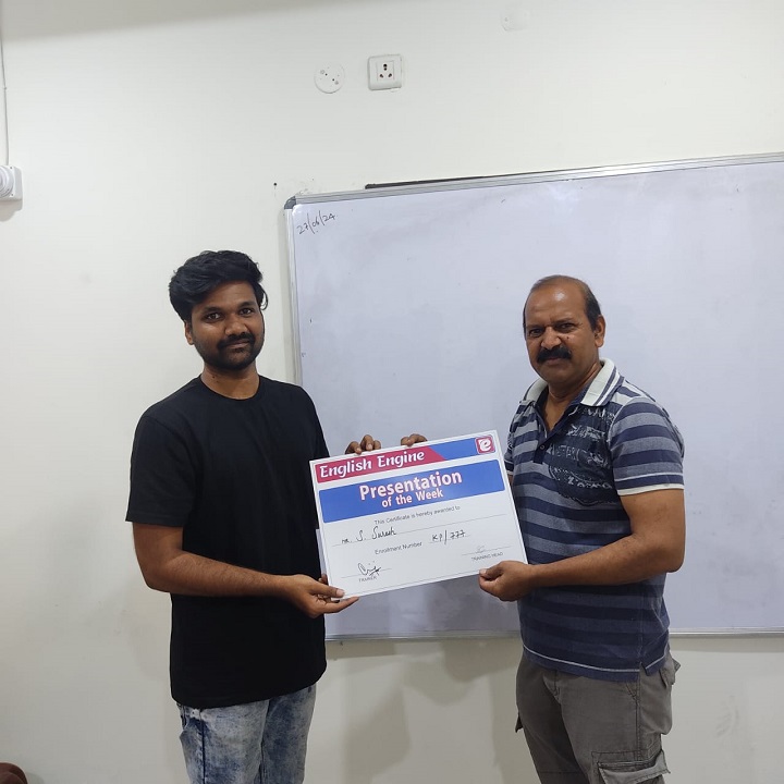 Best Presentor of the week
S.Suresh
English Engine Rewards Each Student For Their Effort towards better Speaking.
For More Details:
Call : 8019646484
Visit : engeng.in
#learnenglishwithenglish_engine
#englishvocabulary #speakenglish #englishtips