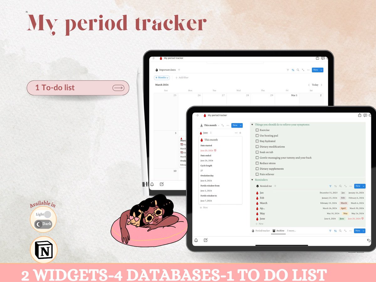 Royalcoool's tweet image. What’s inside?
2 widgets
4 Databases
1 To-do list 👇🏾
#notiontemplates #notioncreator #periodtracker #menstraulcycle #birthcontrol #pregnancypanner
