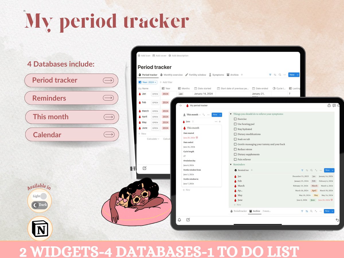 Royalcoool's tweet image. What’s inside?
2 widgets
4 Databases
1 To-do list 👇🏾
#notiontemplates #notioncreator #periodtracker #menstraulcycle #birthcontrol #pregnancypanner