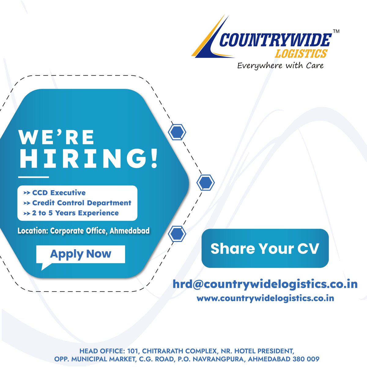 Countywide92501's tweet photo. We are Hiring "CCD Executive" [Credit Control Department]  Experience : 2 to 5 Years Location: Ahmedabad, Corporate Office Share your CV: hrd@countrywidelogistics.co.in  Countrywide Logistics India Pvt. Ltd.

#countrywide #logistics #logisticssuccess #hiring #candidates #job https://t.co/luz02igMEn