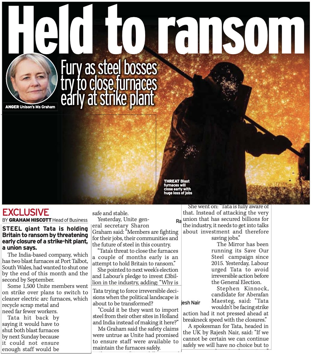 UniteSharon's tweet image. Members are fighting for their jobs, their communities and the future of steel in this country. @TataSteelUK's threat to close the furnaces a couple of months early is an attempt to hold Britain to ransom. @UniteEconomy  #UKSteel Read more @DailyMirror ⬇️