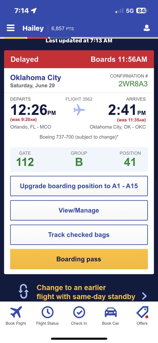 Wow!! <a href="/SouthwestAir/">Southwest Airlines</a> is always my choice of airline but they stay screwing me over!!!! I was supposed to be home at 11:35 this morning and now won’t even be able to leave until 12:25! WTF!!! Figure your shit out!! Frustrated is an understatement.