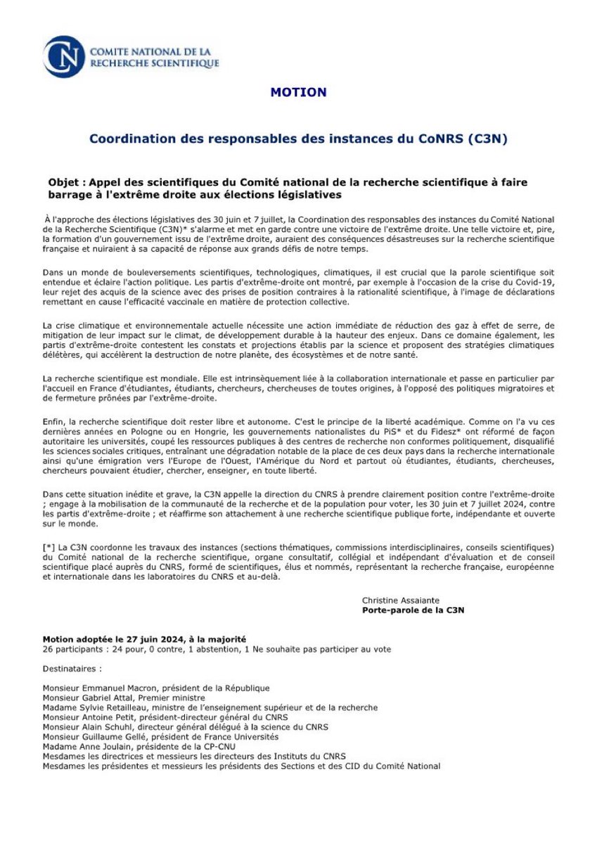 Les responsables des instances du CoCNRS appellent à VOTER contre l’extrême droite