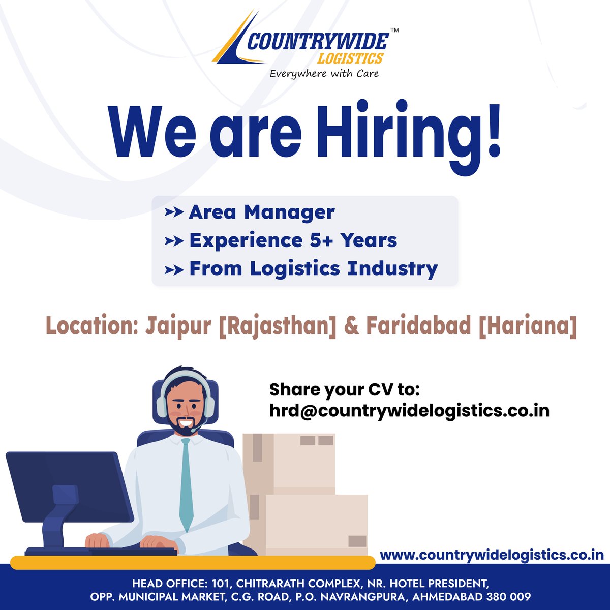 Countywide92501's tweet photo. We are Hiring "Area Manager"! 

Experience : 5 Years + in logistics industry
Location : Jaipur &amp; Faridabad
Share CV: hrd@countrywidelogistics.co.in 

Countrywide Logistics India Pvt. Ltd. 

#countrywide #logistics #logisticssuccess #hiring #candidates #job #jobpost #panindia https://t.co/KpdLnH2rIG
