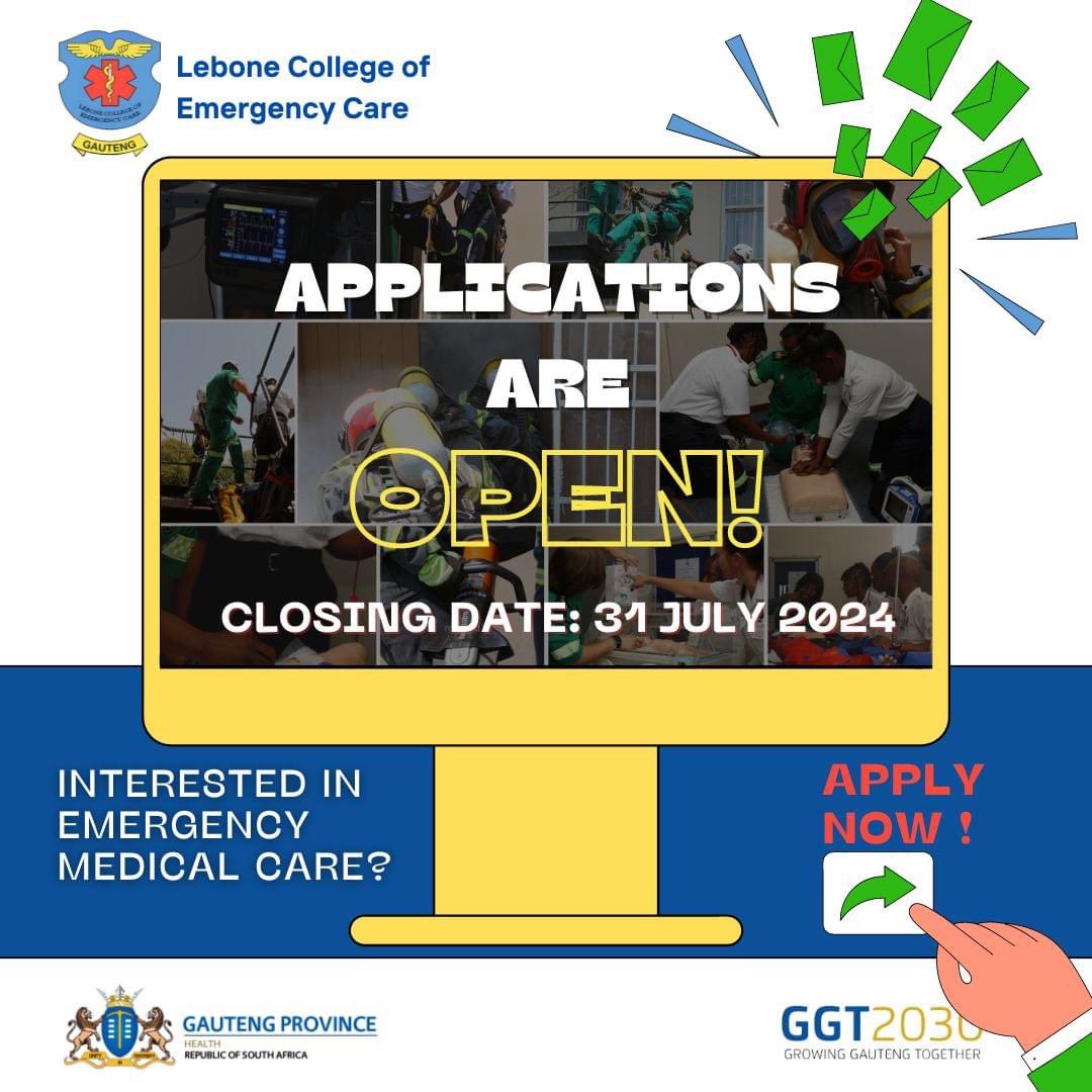 GautengHealth's tweet image. APPLICATIONS FOR 2025 ARE OPEN!

If you are interested in studying for a Diploma in Emergency Medical Care or a Higher Certificate in Emergency Medical Care, APPLY through the college website: lcoec.ac.za/apply/ or Sefako Makgatho Health Science University (SMU):…