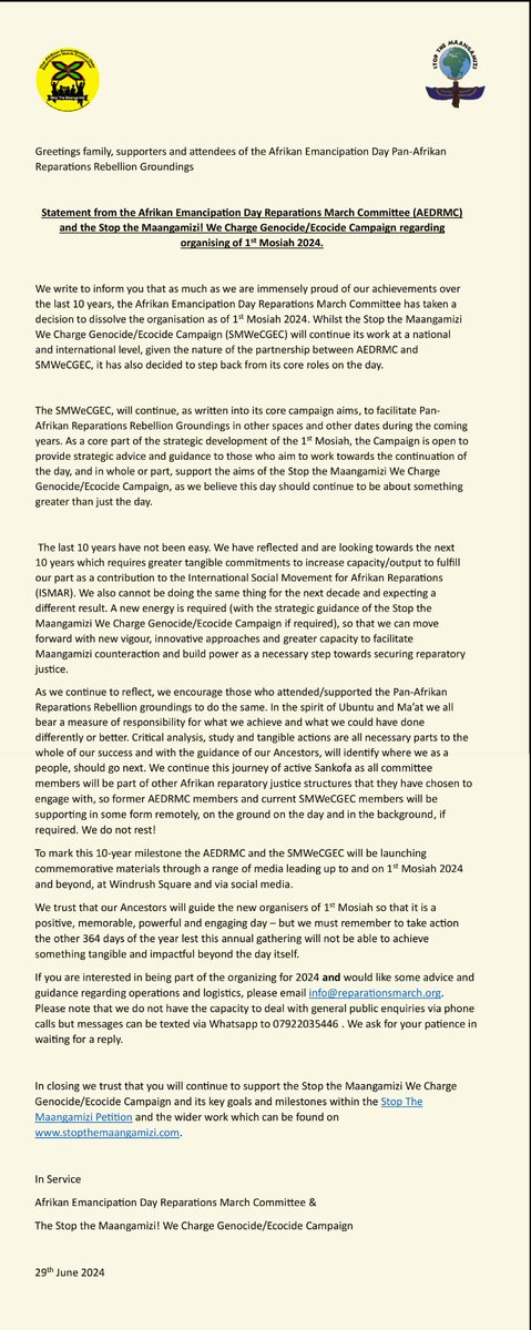 Greetings family, supporters and attendees of the Afrikan Emancipation Day Pan-Afrikan 
#Reparations Rebellion Groundings. Pls see below a
statement from the AEDRMC
and SMWeCGEC  re
organising of 1st Mosiah 2024. Pls click to read full statement also available in audio.Pls RT