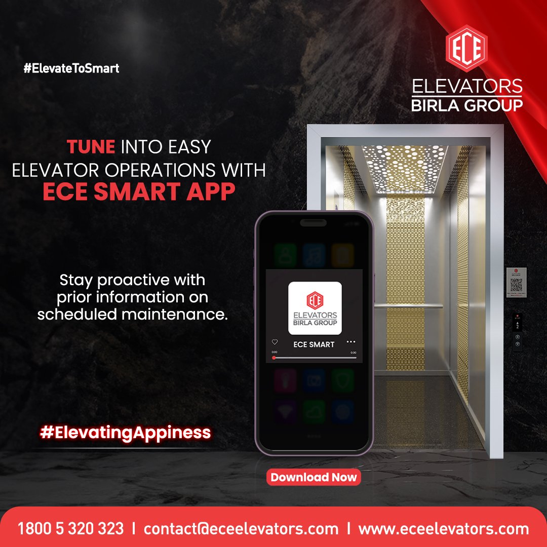 ECEElevators's tweet image. Revolutionize your elevator operations with the #ECESMARTApp. Receive proactive updates on scheduled maintenance, allowing you to stay ahead &amp;amp; ensure optimal elevator functionality.  
Download now !  

#ElevatingAppiness 

#ElevateToSmart #ECEElevators #ElevatorManagementApp