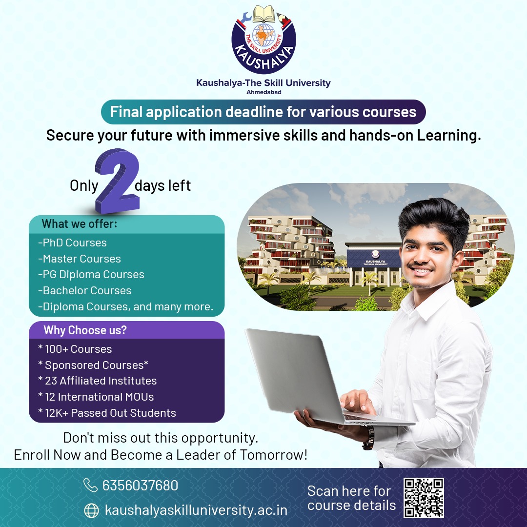 KSUGOG's tweet image. Last Call for Enrollment

Only 2 days left to join Kaushalya: The Skill University and secure your spot in our immersive courses. From PhD to Diplomas, we offer 100+ programs designed to shape your future. Enroll now!

#SkillEducation #HandsOnLearning #PhDCourse #DiplomaCourse