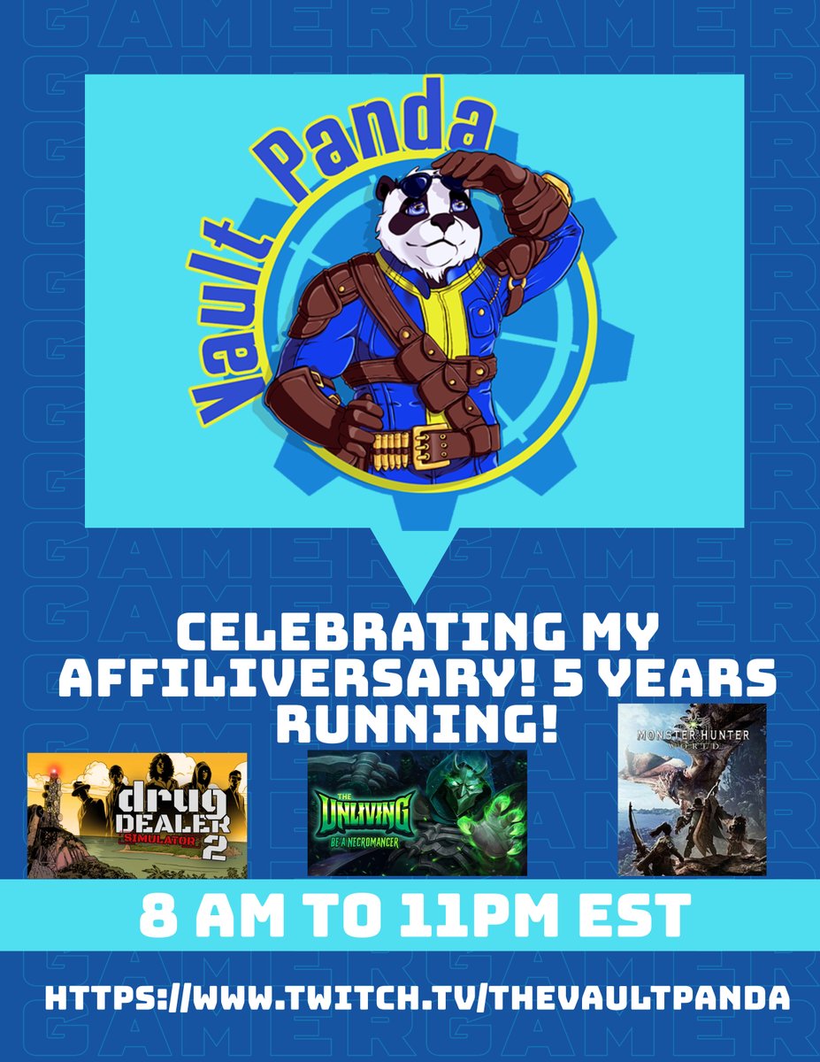 TheVaultPanda's tweet photo. Today is my big stream, I'll be live from 8a-11p EST for my 5 year Affiliate Anniversary! Come by, join the fun, chat. Playing 3 games 5 hrs ea. Catch Y'all there, Later Ghouls!!!!!! Link In Bio! #live #stream #streaming #twitch #twitchstreamer #anniversary #affiliate #5years https://t.co/cupbiEzEDk