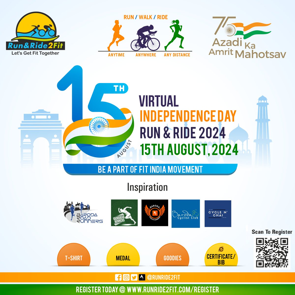 RunRide2fit's tweet photo. Let's Join Together on a 77th INDEPENDENCE DAY for Run, Walk or Ride.(virtual) from 15-18 August 2024 (anyone day) https://t.co/QbnnqLYQgv
@FitIndiaOff
@strava
@runnersworldmag
@RunningQuotes
@garmin
#runride2fit #running #marathon #cycling #fitness #inspiration #event https://t.co/kndBf3pjD1