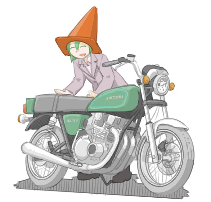 「みてみて～。三角ヘルメット～」と言っている女子です。 (スズキ GS550)【再掲】  #バイクJK #イラスト