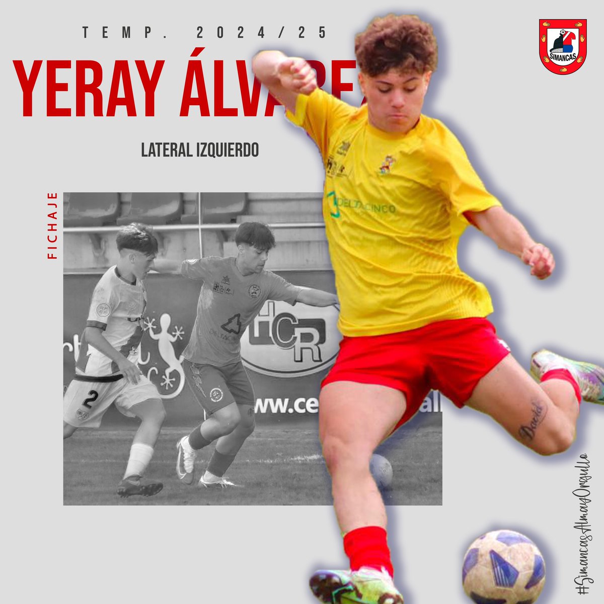 villadesimancas's tweet photo. 💣 𝐘𝐄𝐑𝐀𝐘 𝐀́𝐋𝐕𝐀𝐑𝐄𝐙

Pura potencia para nuestra banda izquierda. Tras lograr un ascenso a División de Honor con la @CIAMISTAD y, posteriormente ya como jugador aficionado, realizar pretemporada con el Cristo Atlético en 3ª RFEF, el joven jugador recala en las filas del equipo formado por @GustavoPerezRo4 con ganas de “ilusionarse”. 

Se define como un lateral “fuerte, intenso y con gran capacidad defensiva”, capaz de sumarse al ataque “con gran velocidad y precisión en sus centros”. Un auténtico líder sobre el terreno de juego. 

Recala en Los Pinos fruto del “compromiso” que transmite el proyecto, con la firme decisión de cumplir “los objetivos que nos vayamos marcando a lo largo de la temporada”. 

Un miembro más de calidad para una plantilla que sigue formándose y creciendo. Competitividad, ganas de sumar y de disfrutar en el regreso a Regional.

Un bestia anda suelta, y viste la franjiblanca. Va a ser difícil pararlo… 🫡

¡Bienvenido a la familia! ❤️🙌🏼

#VamosEnSerio 
#SimancasAlmayOrgullo