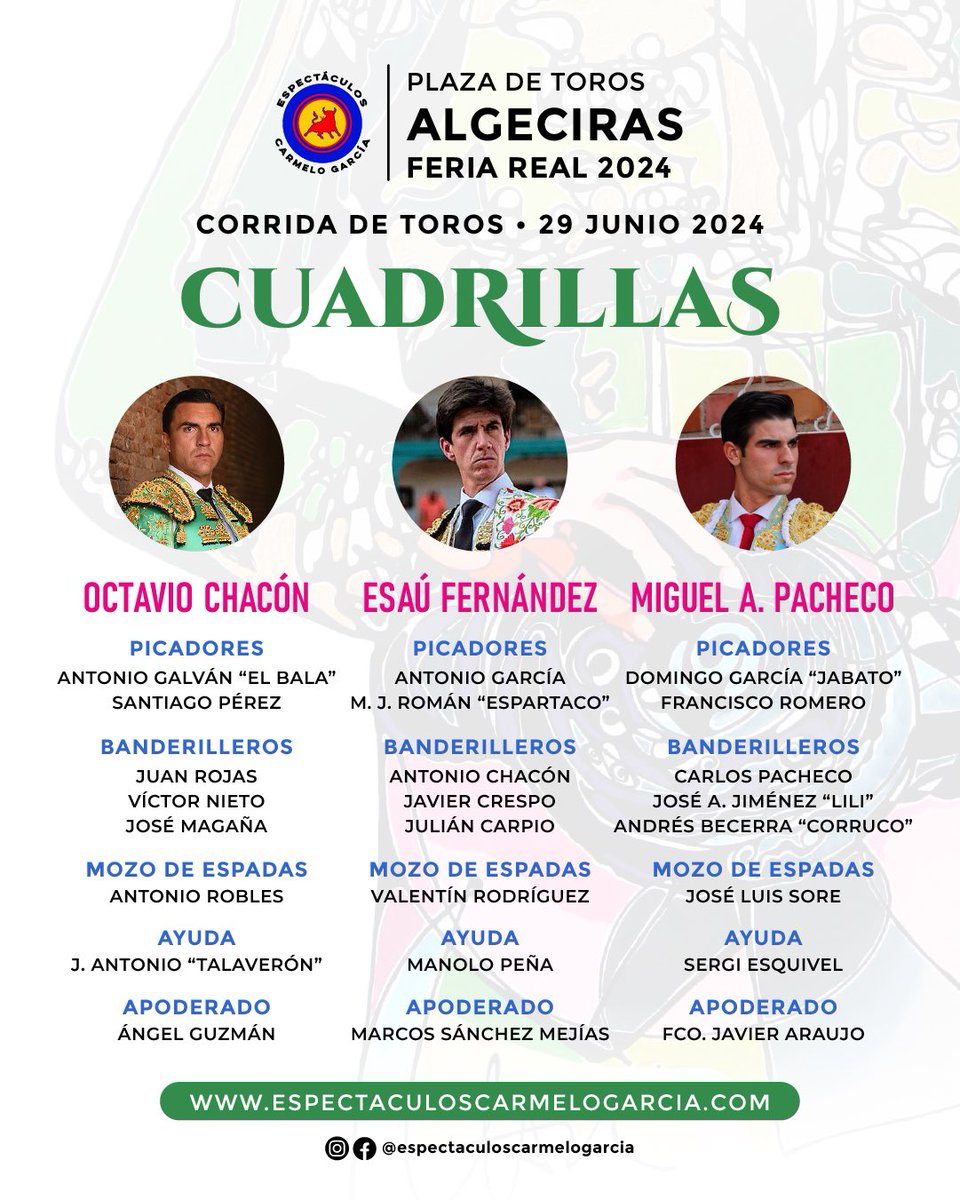 🍀 CUADRILLAS | Estos son los hombres de confianza de los matadores de toros que harán el paseíllo esta tarde en Las Palomas, cuarta y última de abono de la Feria Real 2024

📲 Sigue el toro a toro en las historias de instagram de la empresa!! Activa las notificaciones 🔔

#toros