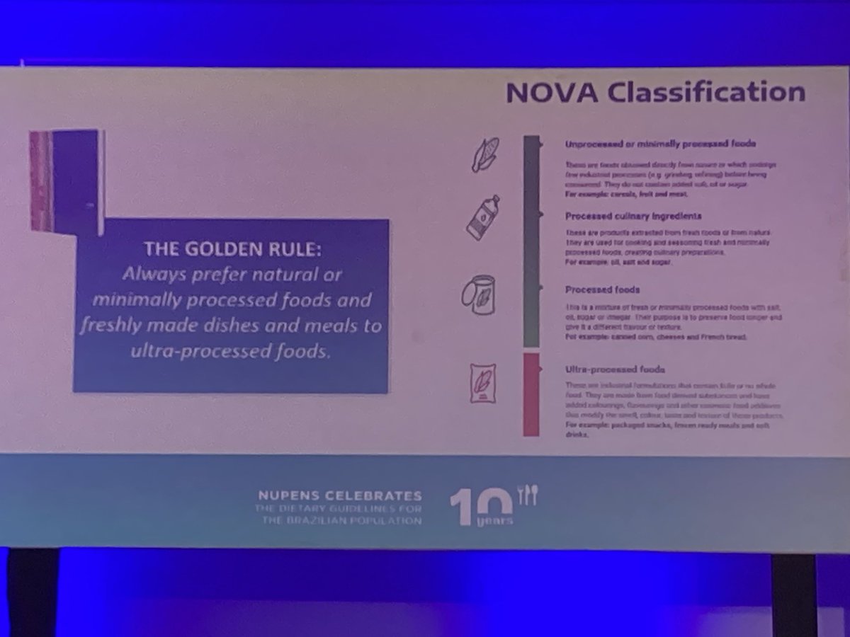 BoydSwinburn's tweet image. Brazilian dietary guidelines based around a golden rule - pioneering because it introduced UPF into FBDG and included culture, environment and social considerations. Presented by Patricia Jaime #ICO2024