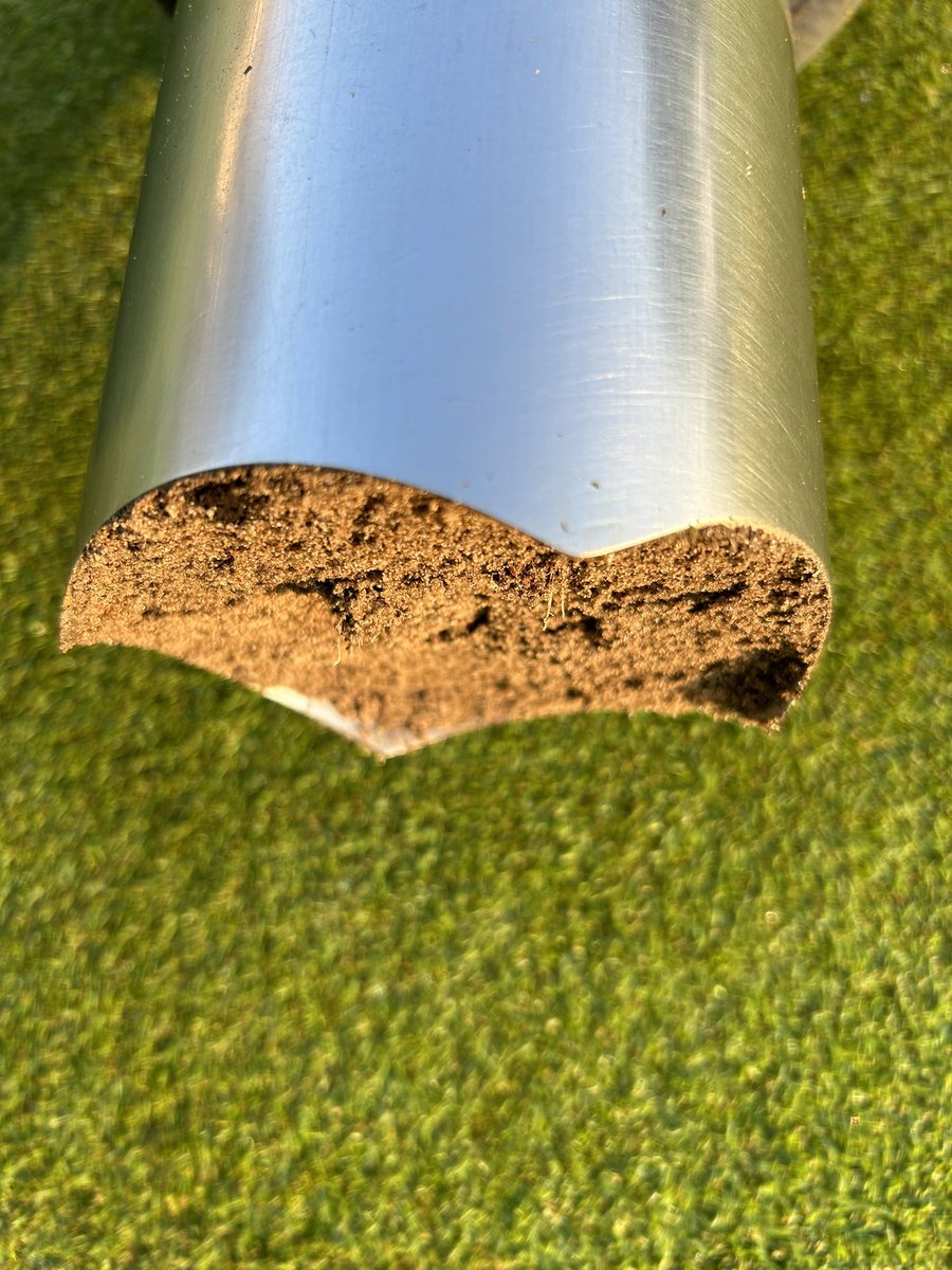 jd_turf's tweet photo. Pleasantly surprised this morning while changing cups to find roots poking out the bottom of the cup cutter.  Not too shabby after a wet Spring on 40 year old penncross greens! https://t.co/1XFqlwb6jF