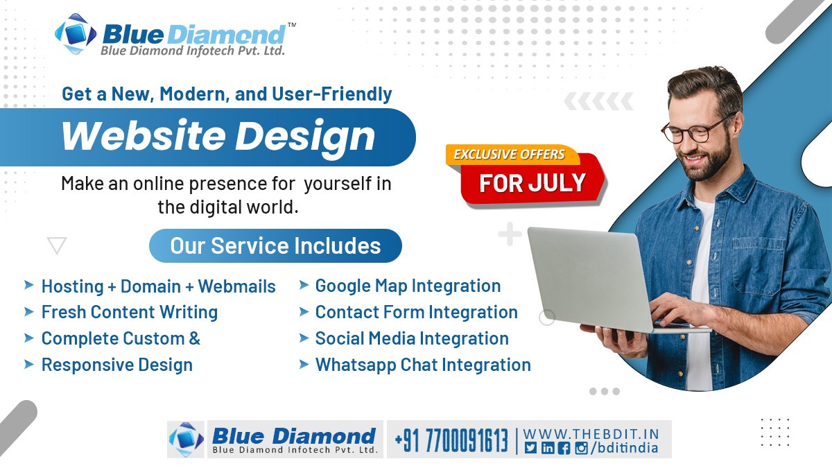📧 : info@thebdit.com
☎️ : +917700091613
🗨 : +91 77189 67729 Whatsapp
🏢 : 𝐁𝐥𝐮𝐞 𝐃𝐢𝐚𝐦𝐨𝐧𝐝 𝐈𝐧𝐟𝐨𝐭𝐞𝐜𝐡 𝐏𝐯𝐭. 𝐋𝐭𝐝.Grab our Exclusive July offers for Website Development.

#websitedevelopment #webdevelopment

𝐑𝐞𝐚𝐜𝐡 𝐔𝐬 :
🌐 : thebdit.in