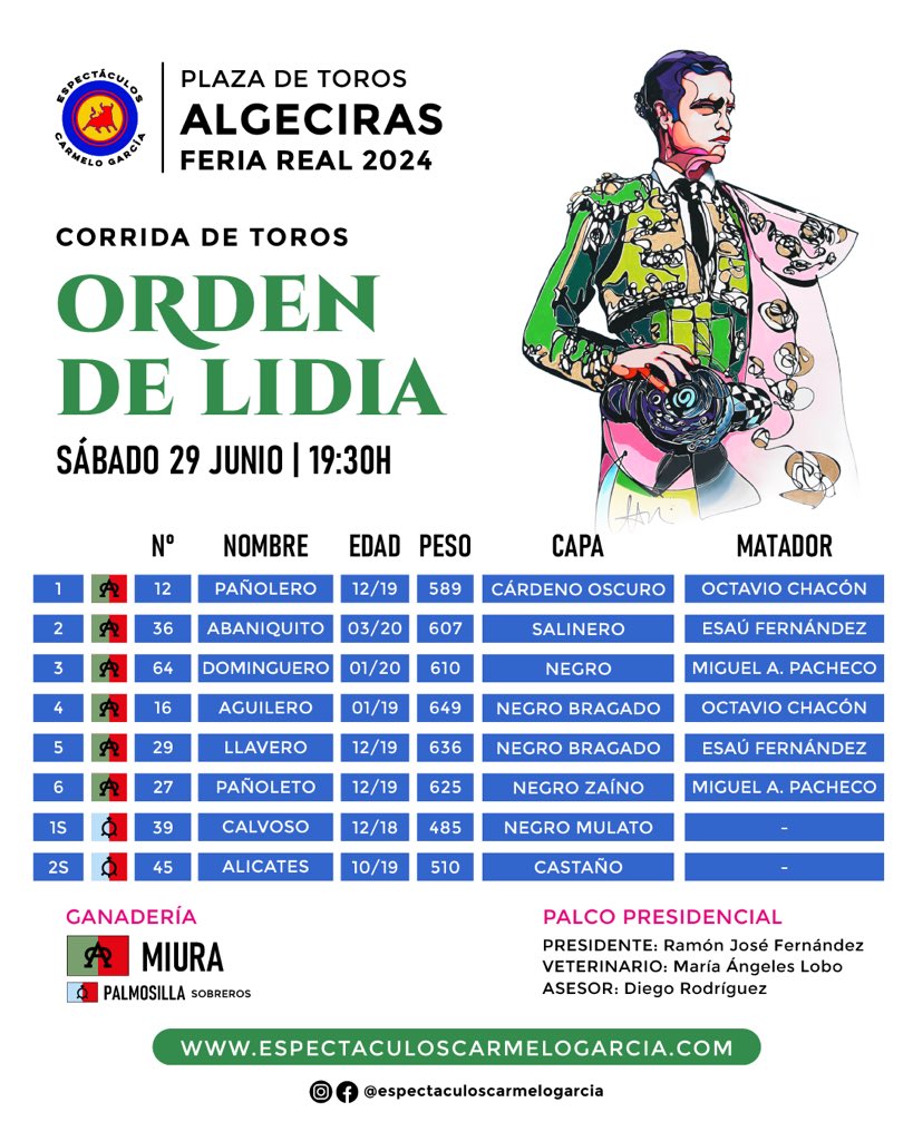 🐂 ORDEN DE LIDIA | Sorteados los toros para la última corrida de la Feria Real de Algeciras 2024!

OCTAVIO CHACÓN • ESAÚ FERNÁNDEZ • MIGUEL A. PACHECO

🕙 A las 7:30 de la tarde
¡Os esperamos!

#toros #Algeciras #FeriaReal