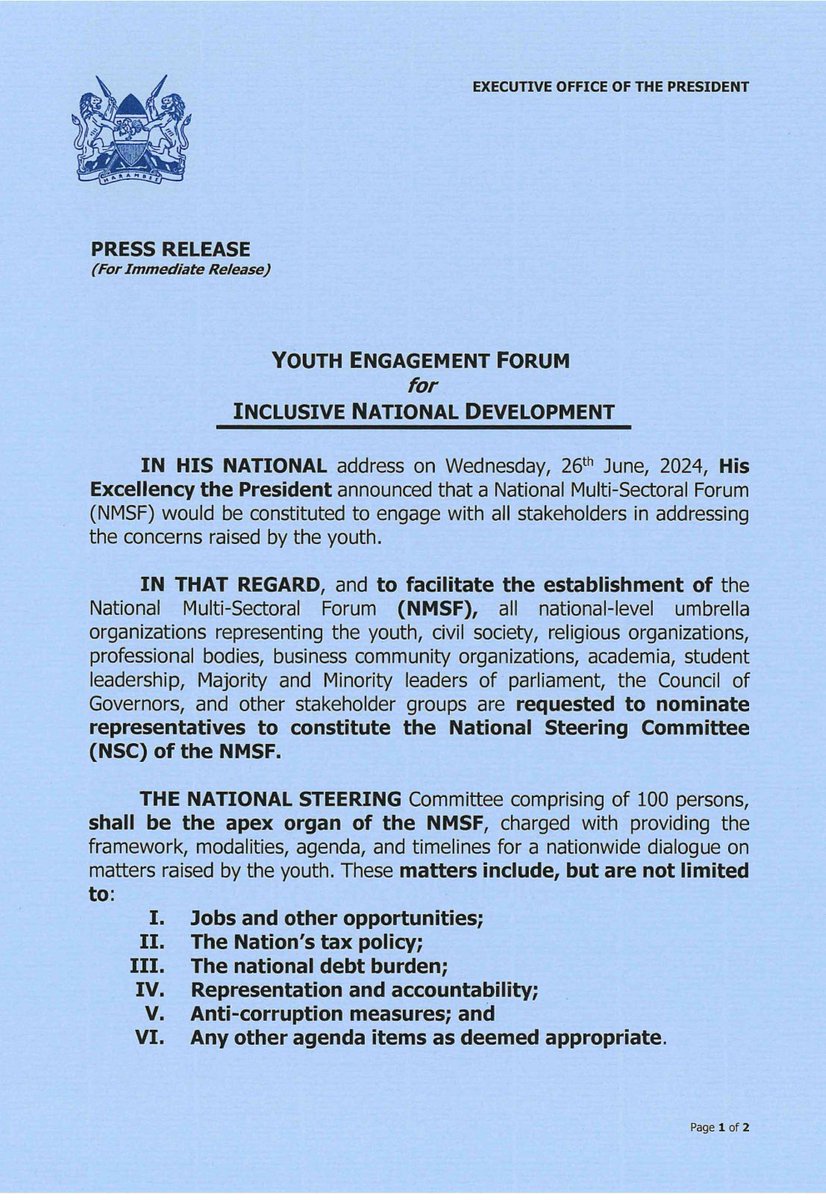 HusseinMohamedg's tweet photo. Press Release:

The Executive Office of the President outlines the roadmap for the National Multi-Sectoral Forum on Youth Engagement. https://t.co/MXZTpm0OFl