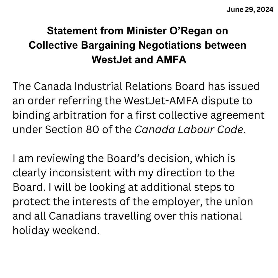 My update on the collective bargaining negotiations between WestJet and AMFA: