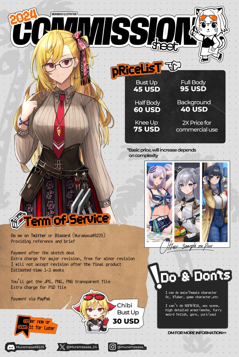 2024 Coms Sheet(RTs are really appreciated)
I open for some slots! check bio for availability
Feel free to ask if you have any questions!

My Pixiv for other samples:
pixiv.net/users/46582968
Progress tracker:
docs.google.com/spreadsheets/d…

#CommissionOpen #Commission #ArtistOnTwitter