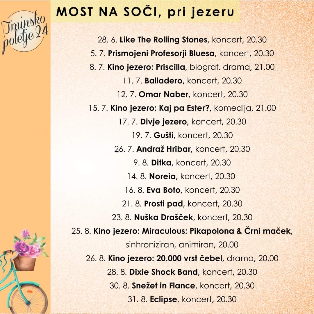 JelenaJal's tweet photo. Letos je program lokalnega poletnega festivala Tminsko poletje res odličen, težko bo vse "pokrit" 😁 bravo organizatorjem #Tmin #tolmin #sočaValley https://t.co/KTjmkPxXXr